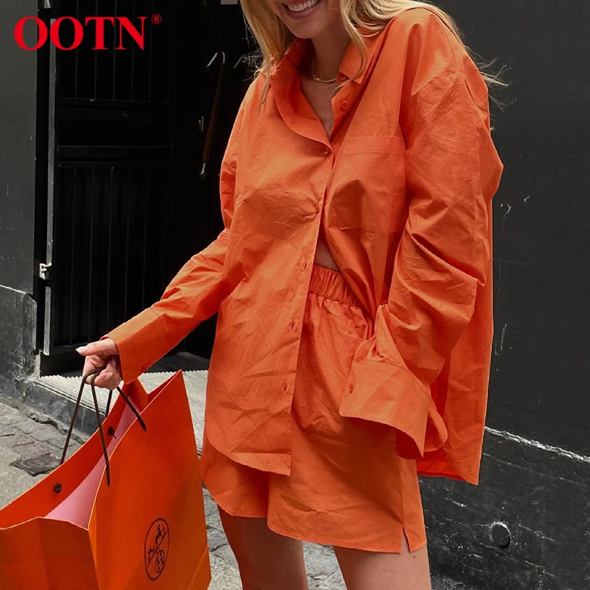 OOTN 2021 Mados Orange Marškinėliai Ir Kelnės Moterims Nustatyti ilgomis Rankovėmis Aukštos Juosmens Šortai, Medvilnės Kostiumas Streetwear Atsitiktinis 2 Gabalas Rinkiniai 1