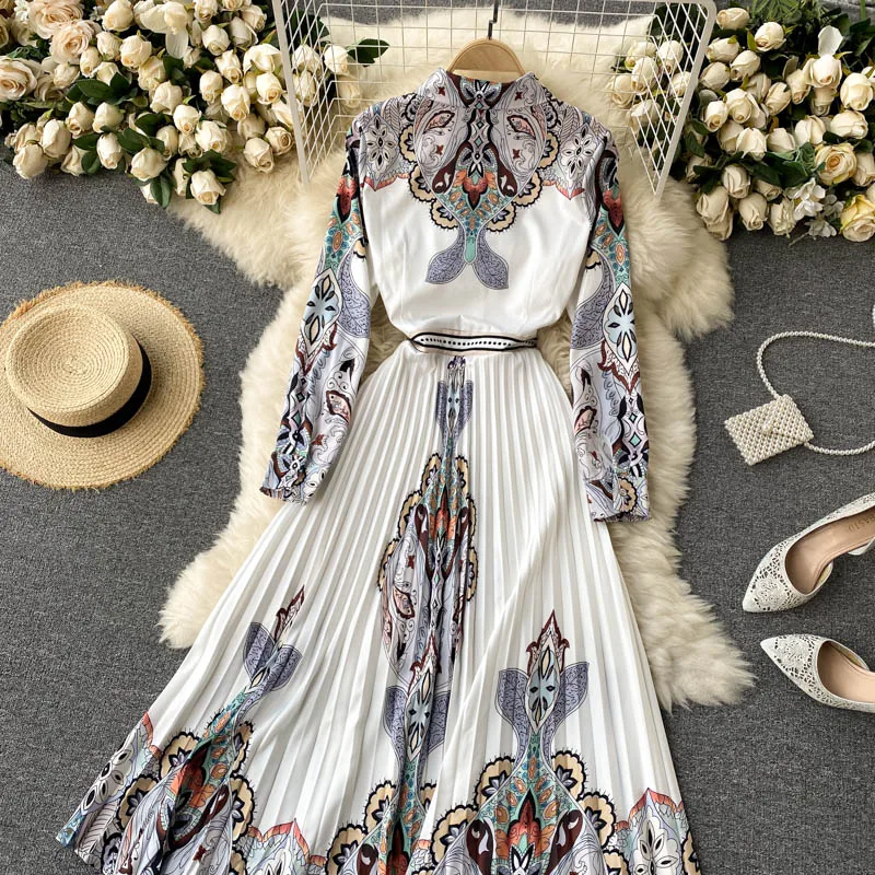 Elegantiškas Retro kilimo ir tūpimo Tako Deaigner Pavasarį, Rudenį Marškinėliai Suknelė Moterims moteriški ilgomis Rankovėmis Printted Slim Plisuotos Vidutinio ilgio Suknelės 2