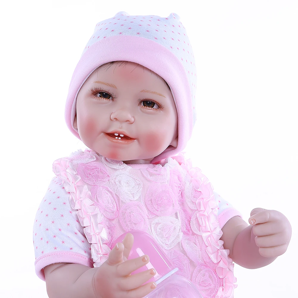 55CM 0-3Month nekilnojamojo baby dydis smile baby dantų realitic reborn baby doll tikroviška, minkšta liesti svertinis kūno lėlės rožinė suknelė 2
