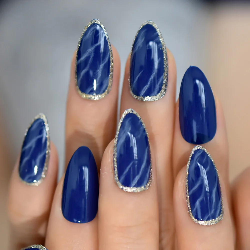 Blue Marble Nail Paspauskite Ant Padirbtų Nagų Patarimai Modelis Stiletto Formos, Vidutinio Dizaino Sidabro Boder Su Klijais, Čiaupai 24 vnt 2