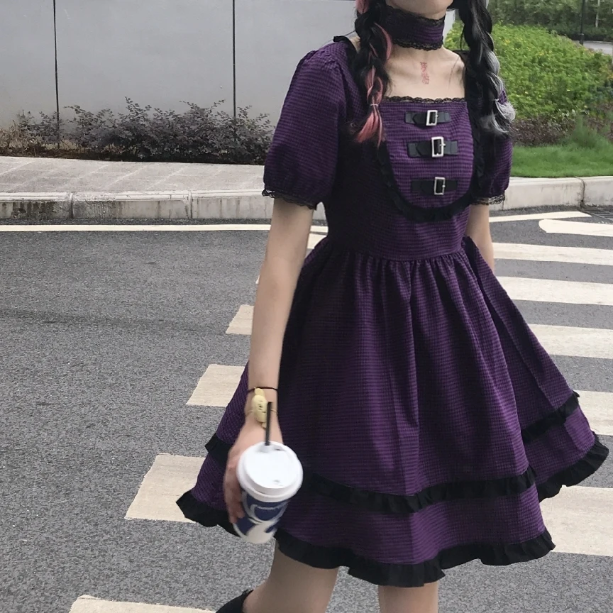 Gothic Lolita Dress Harajuku Vintage Stiliaus Raudonos Pledas Sluoksniuotos Rankovėmis Suknelė Kolegijos Retro Stiliaus Dizaino Prasme Cool Girl 2