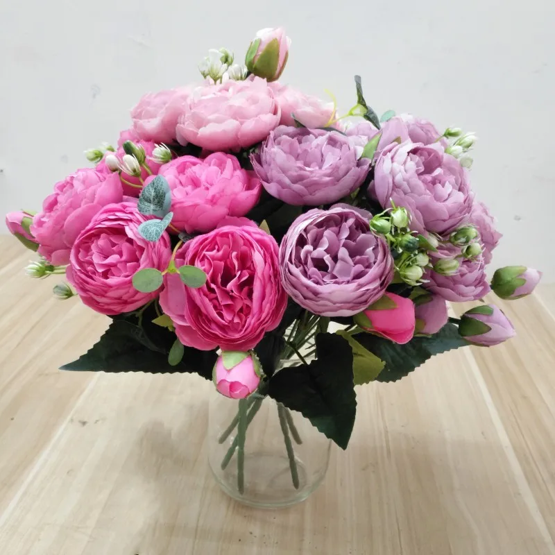 30cm Rose Pink Silk Bijūnas Dirbtinių Gėlių Puokštė 5 Dideli Galvos ir 4 Bud Pigūs Netikrą Gėlės Namuose Vestuvių patalpų Apdaila 2