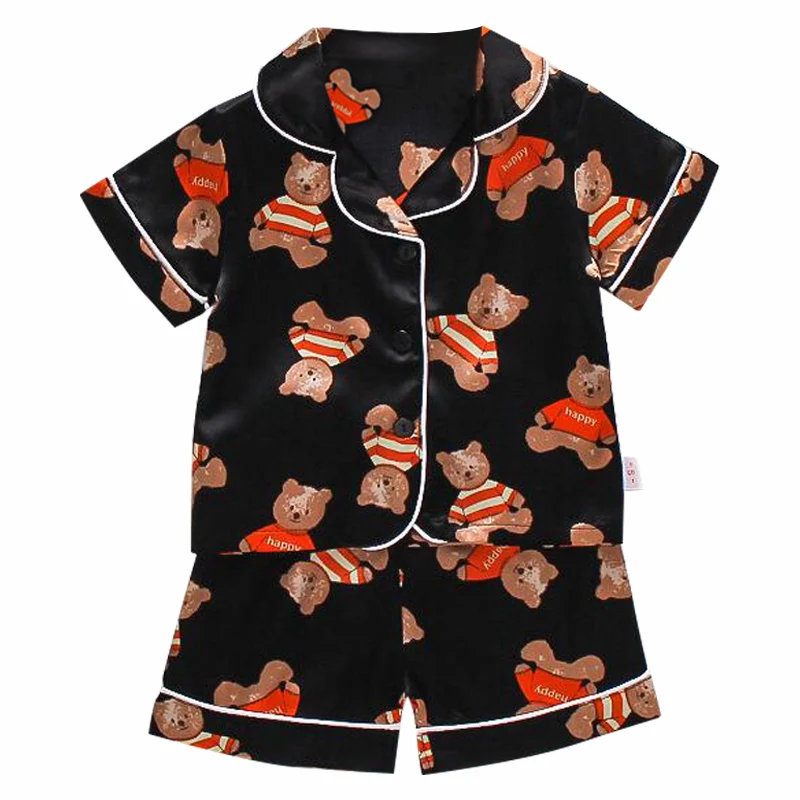 0-4yrs Children's pajamas set for Summer Baby suit Toddler Boys Girls Ice silk satin Cartoon printing Tops Pants Set home Wear 2