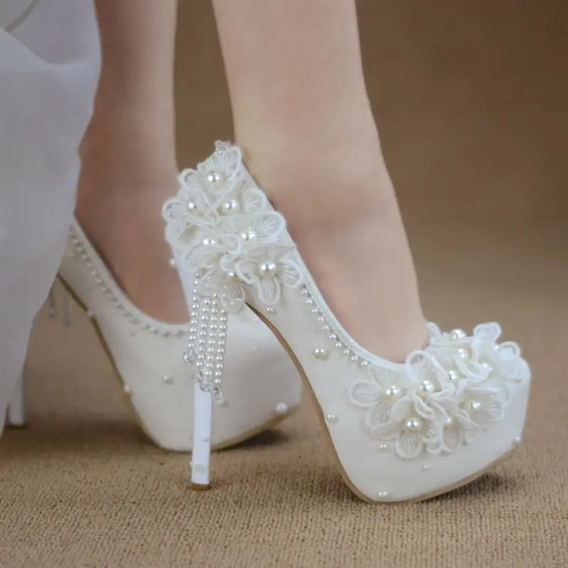 Bridesmaid, batai vestuvių suknelė balta nėrinių saldus gėlių kutas moterų moteriški batai 6cm 8cm 11cm 14cm aukšto kulno Didelis dydis 43 2