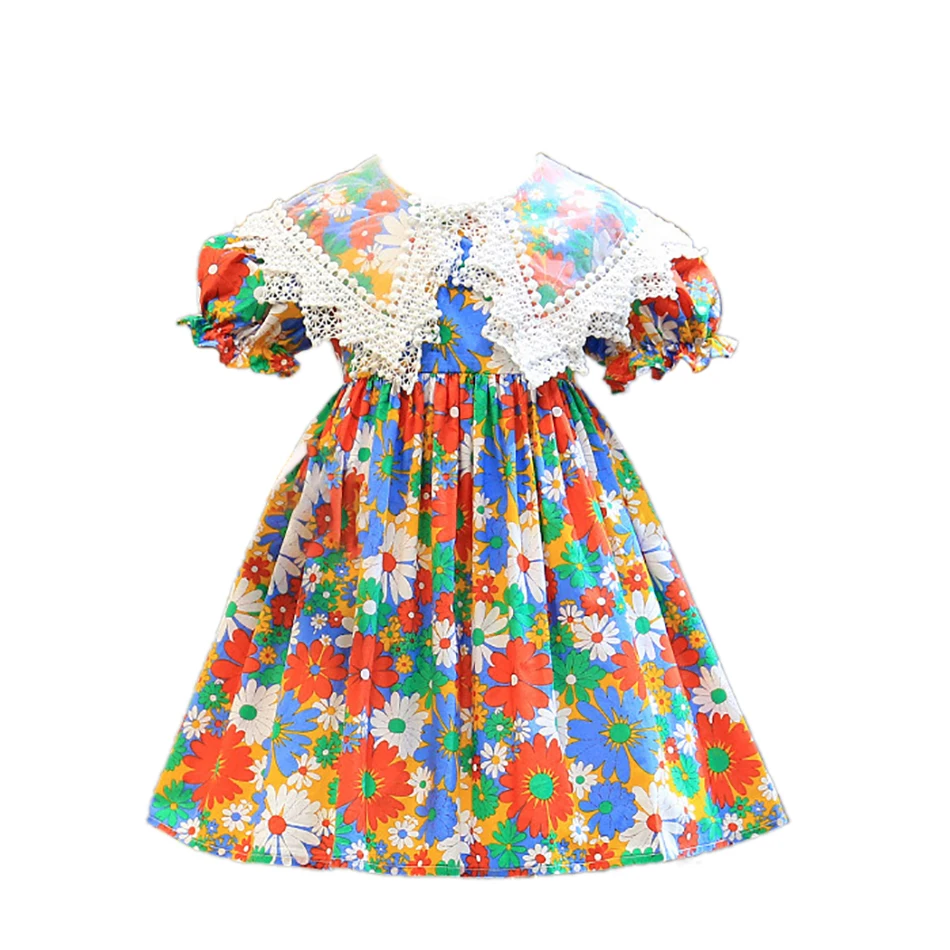 Vaikų Drabužiai Mergaitėms Vasaros Suknelė Baby Princess Šalis Nėrinių Turn-Žemyn Apykaklės Gėlių Suknelė Vaikams 1-6 Metų 2
