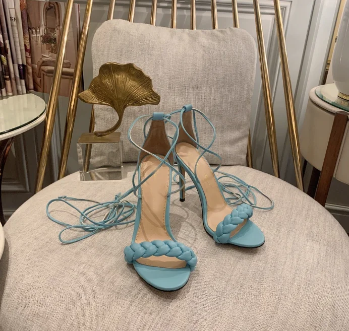 Elegantiškas stiletto medvilniniai nėriniai-up sandalai moterims vasaros 2021 nauja mada, suapvalinti tne open-toe aukštos obcasie sandalai 2
