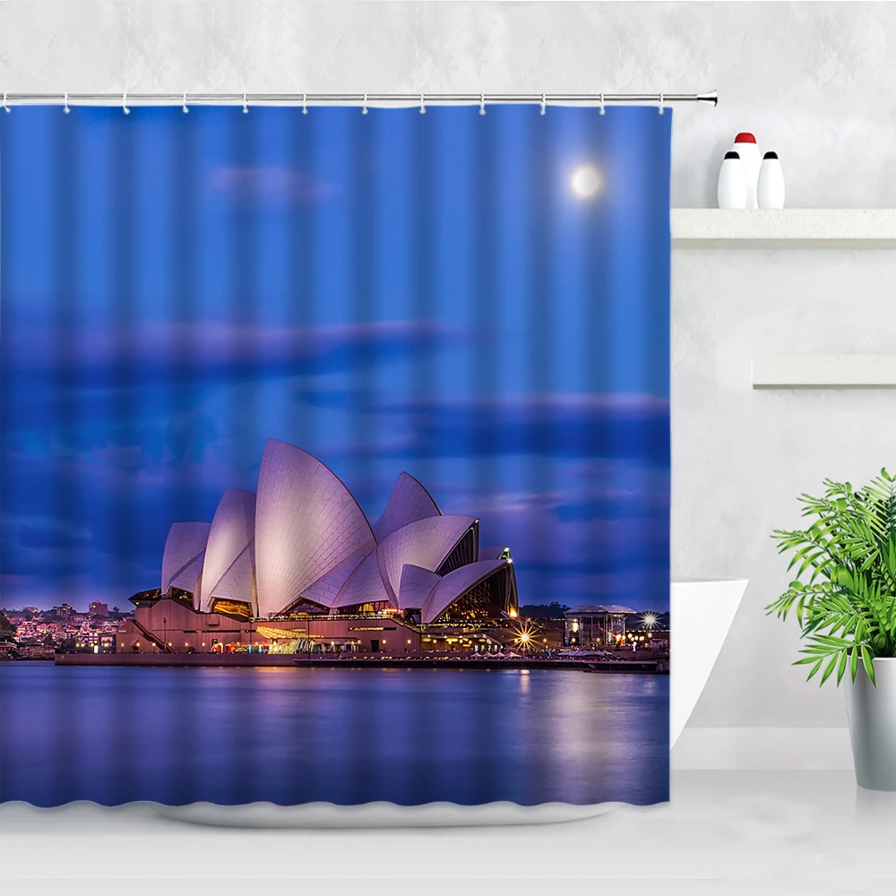 Australijos Sidnėjaus Operos Pastato Dekoracijos Dušo Užuolaidos Miesto Naktinis Vaizdas, 3D Spausdinimas Vandeniui Dekoro Vonios Užuolaidų Komplektas 2
