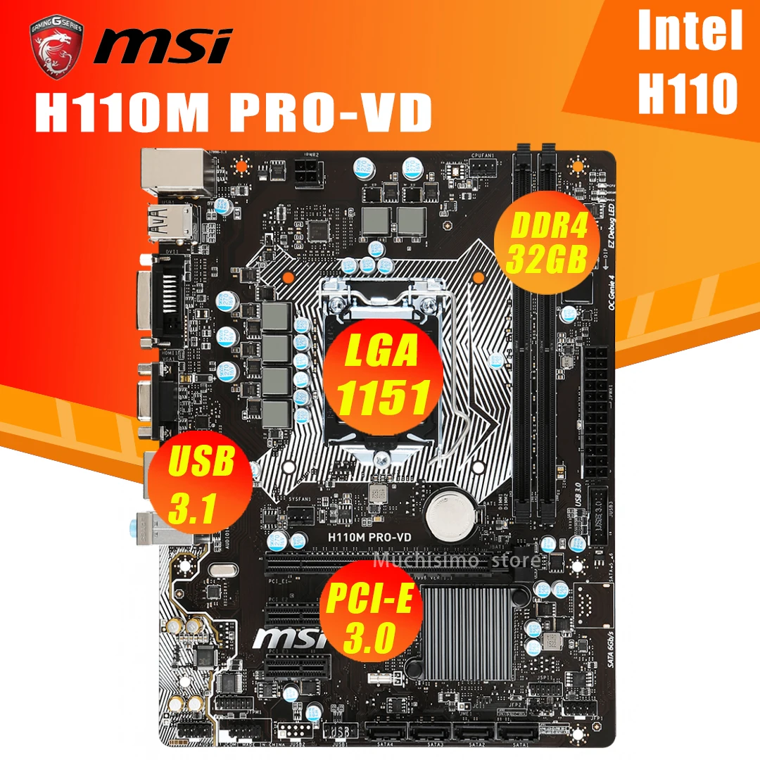 LGA 1151 MSI H110M PRO-VD Plokštė Parama Intel 6-Gen i7 i5, i3 CPU DDR4 32GB PCI-E 3.0 Desktop Intel H110 Placa-Mãe 1151 3