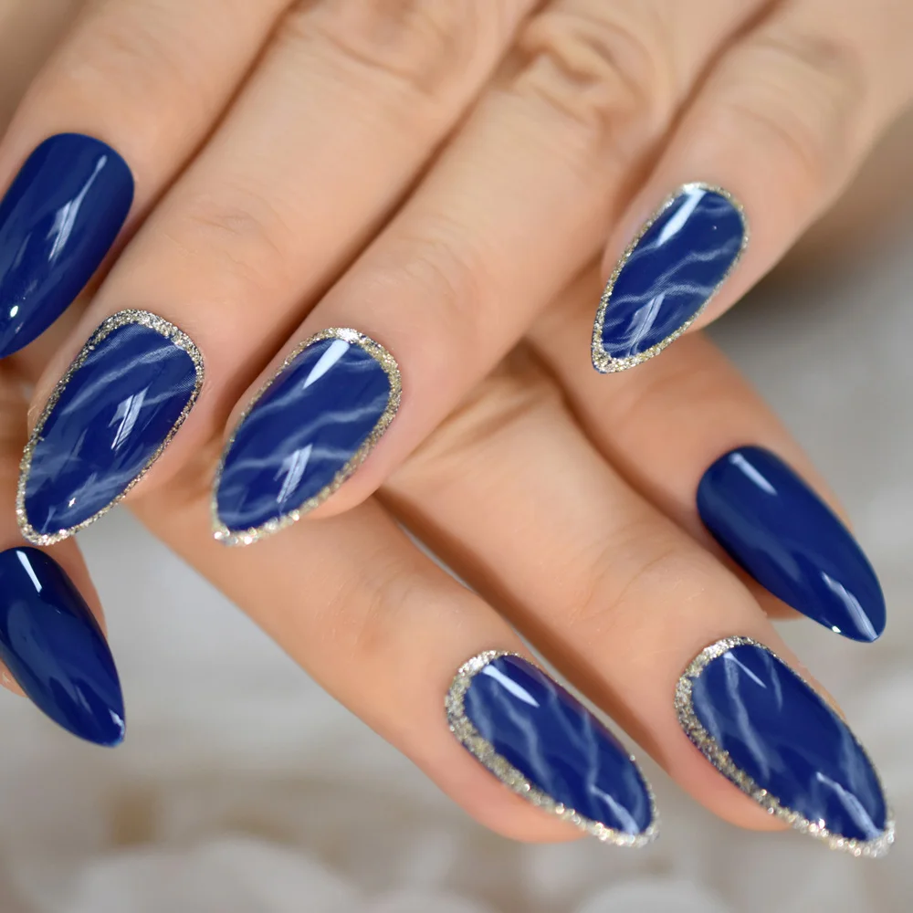 Blue Marble Nail Paspauskite Ant Padirbtų Nagų Patarimai Modelis Stiletto Formos, Vidutinio Dizaino Sidabro Boder Su Klijais, Čiaupai 24 vnt 3