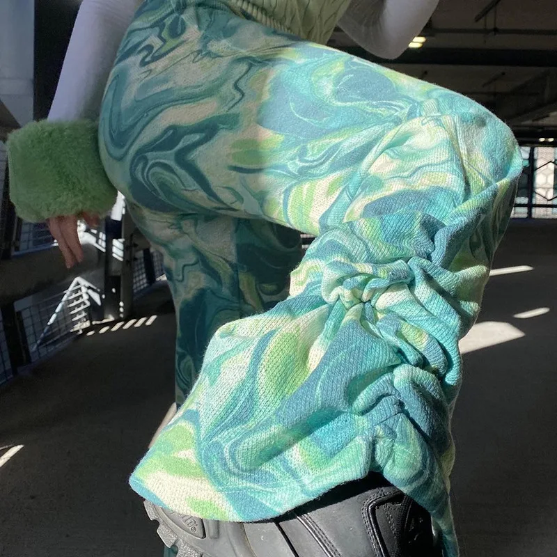 Naujas Sukrauti Pločio Kojų Kelnės Žalias Kaklaraištis Dažų Y2K Mados Komplektus Sweatpants Spausdinti Derliaus Aukšto Juosmens Moterų Kelnės Streetwear 3