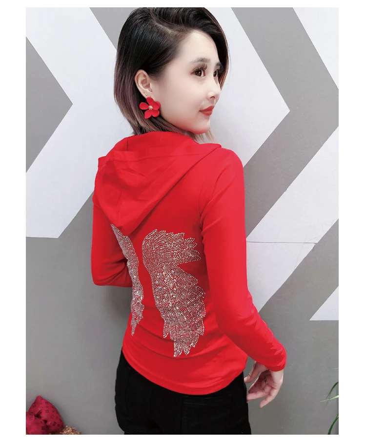 Korėjos Deimantų Gobtuvu Marškinėlius 2019 Nauja Rudens Žiemos Viršų Ilgomis Rankovėmis Atgal Drabužiai, Marškinėliai Camiseta Mujer Pagrindo Marškinėliai T98105 3