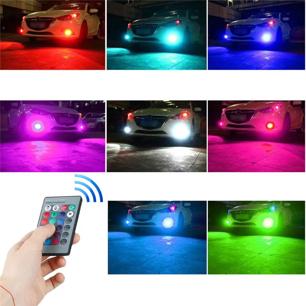 2VNT RGB 12V 27SMD 5050 Įvairių Spalvų RGB LED Rūko Žibintai Vairuotojo Lemputes Nuotolinio(neįeina Baterijos) H11/H4 H8 H16 5202 3