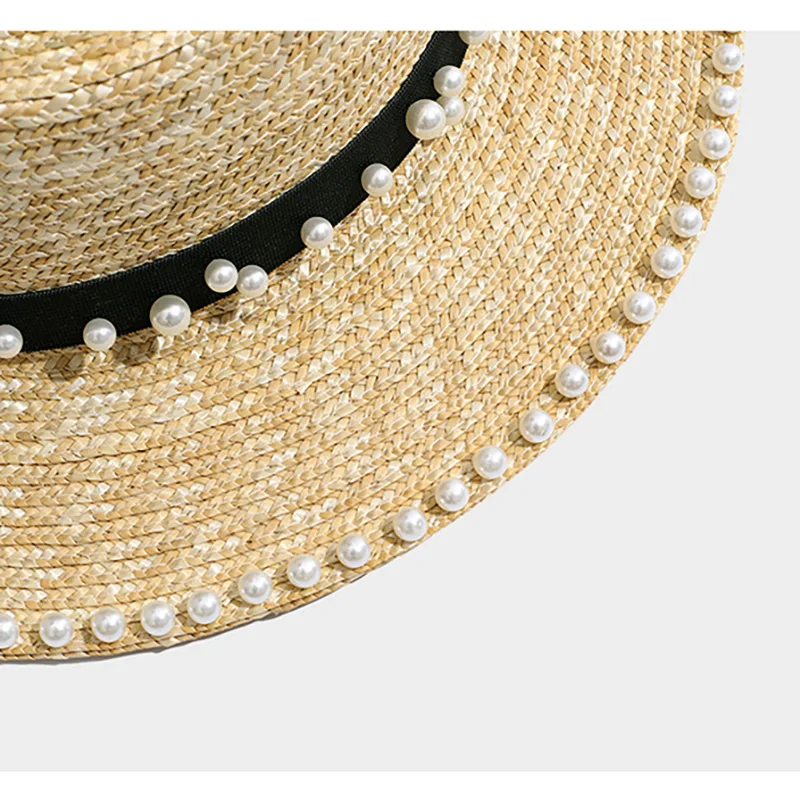 Naujas Rankų Darbo, Natūralių Šiaudų Beach Sun Skrybėlę Moterims Vasaros Atostogų Panama Kepurė Mados Perlų Juostelė Flat Top Apsauga Nuo Saulės, Skrybėlę 3