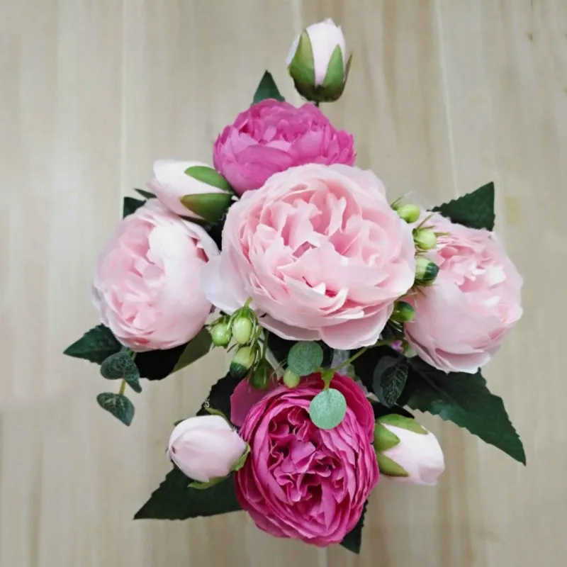 30cm Rose Pink Silk Bijūnas Dirbtinių Gėlių Puokštė 5 Dideli Galvos ir 4 Bud Pigūs Netikrą Gėlės Namuose Vestuvių patalpų Apdaila 3