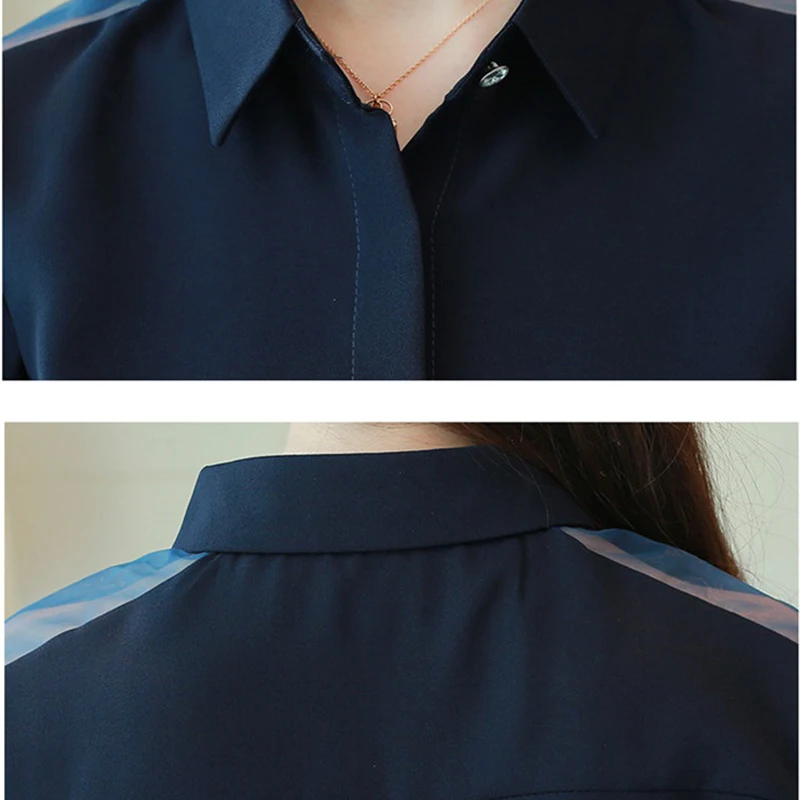 Elegantiškas Šifono moterims palaidinės Vasaros 2020 Trumpas rankovės Marškinėliai Office Lady Turn-žemyn Apykaklės Tuščiaviduriai iš Nėrinių Tinkleliu susiuvimo Viršūnės 3