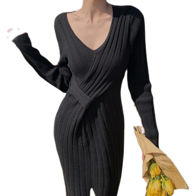 Vientisos Spalvos Naujas 2021 Elegantiškas ilgomis rankovėmis nesimetriškas ilga suknelė aukštosios mados-line moteriška suknelė Q428 3