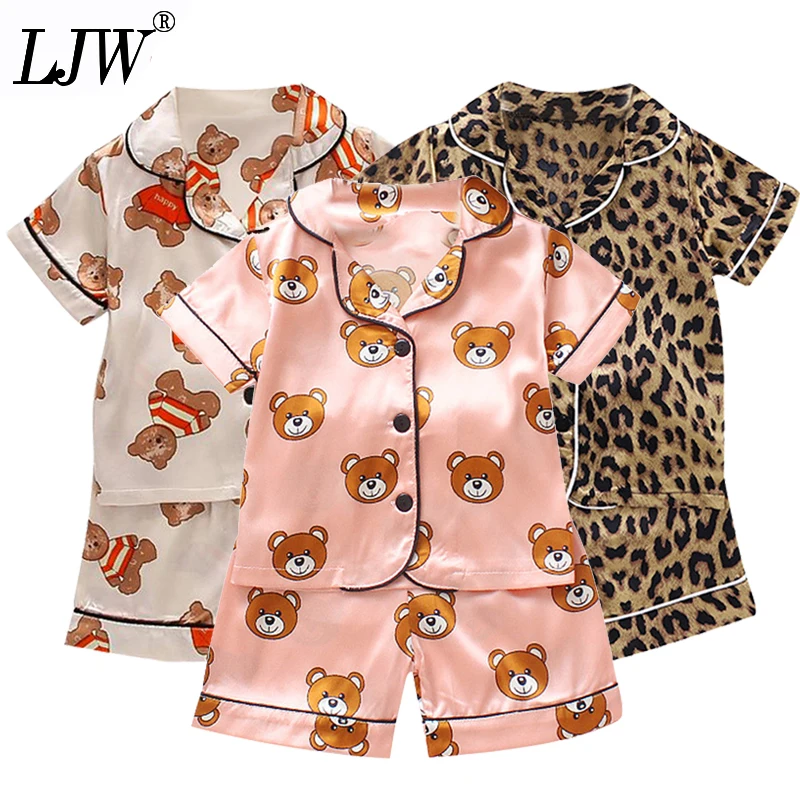 0-4yrs Children's pajamas set for Summer Baby suit Toddler Boys Girls Ice silk satin Cartoon printing Tops Pants Set home Wear 3