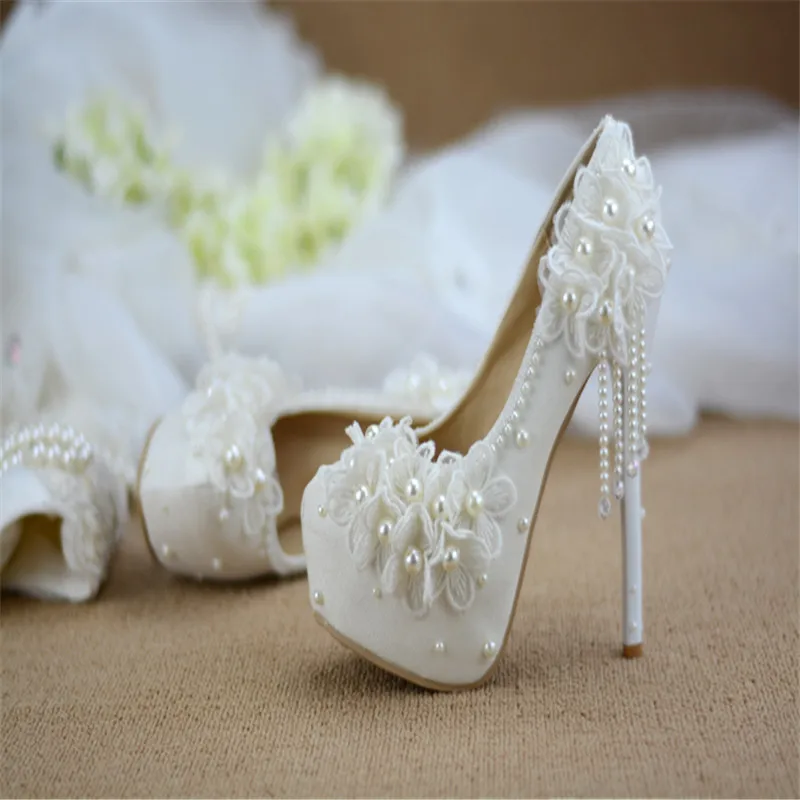 Bridesmaid, batai vestuvių suknelė balta nėrinių saldus gėlių kutas moterų moteriški batai 6cm 8cm 11cm 14cm aukšto kulno Didelis dydis 43 3