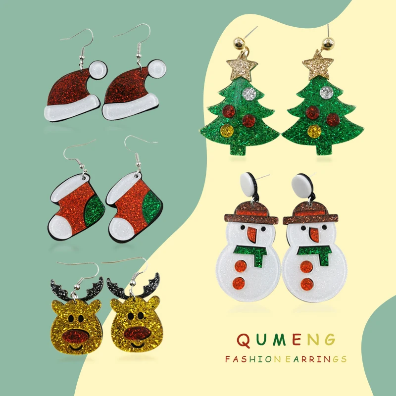 QUMENG 2020 Animacinių filmų Santa Kalėdų Medžio Sniego Briedžių Batai akrilo Lašas Auskarai moterims, kalėdų dekoracijos, skrybėlės, Papuošalai, dovana 3