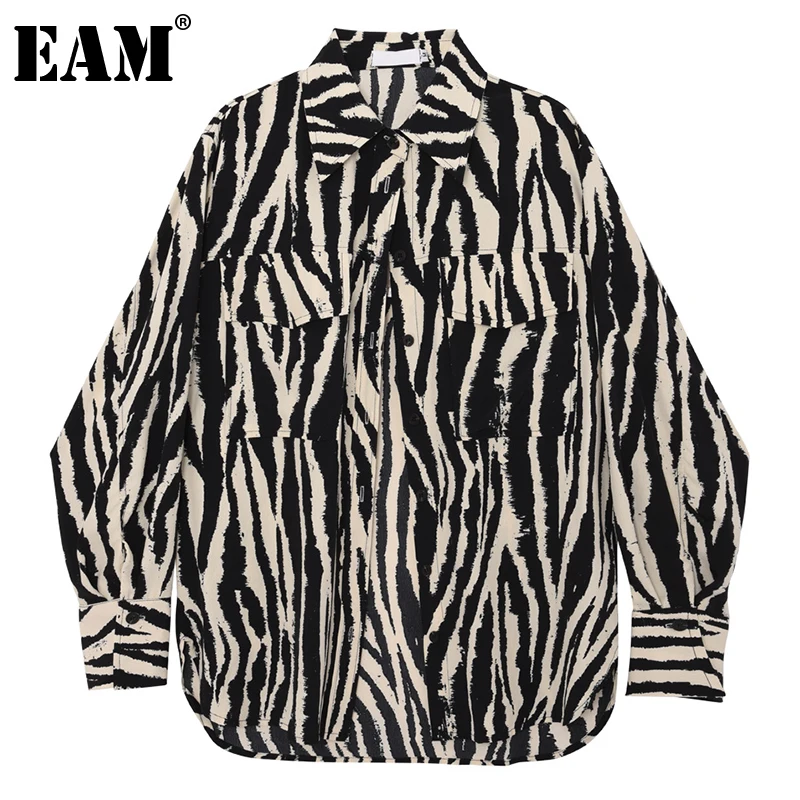 [EAM] Moterys Black Didelis Dydis Zebras Spausdinti Nereguliarus Palaidinė Naujas Atvartas ilgomis Rankovėmis Laisvi Marškinėliai Mados Pavasario Rudens 2021 1DD6887 3