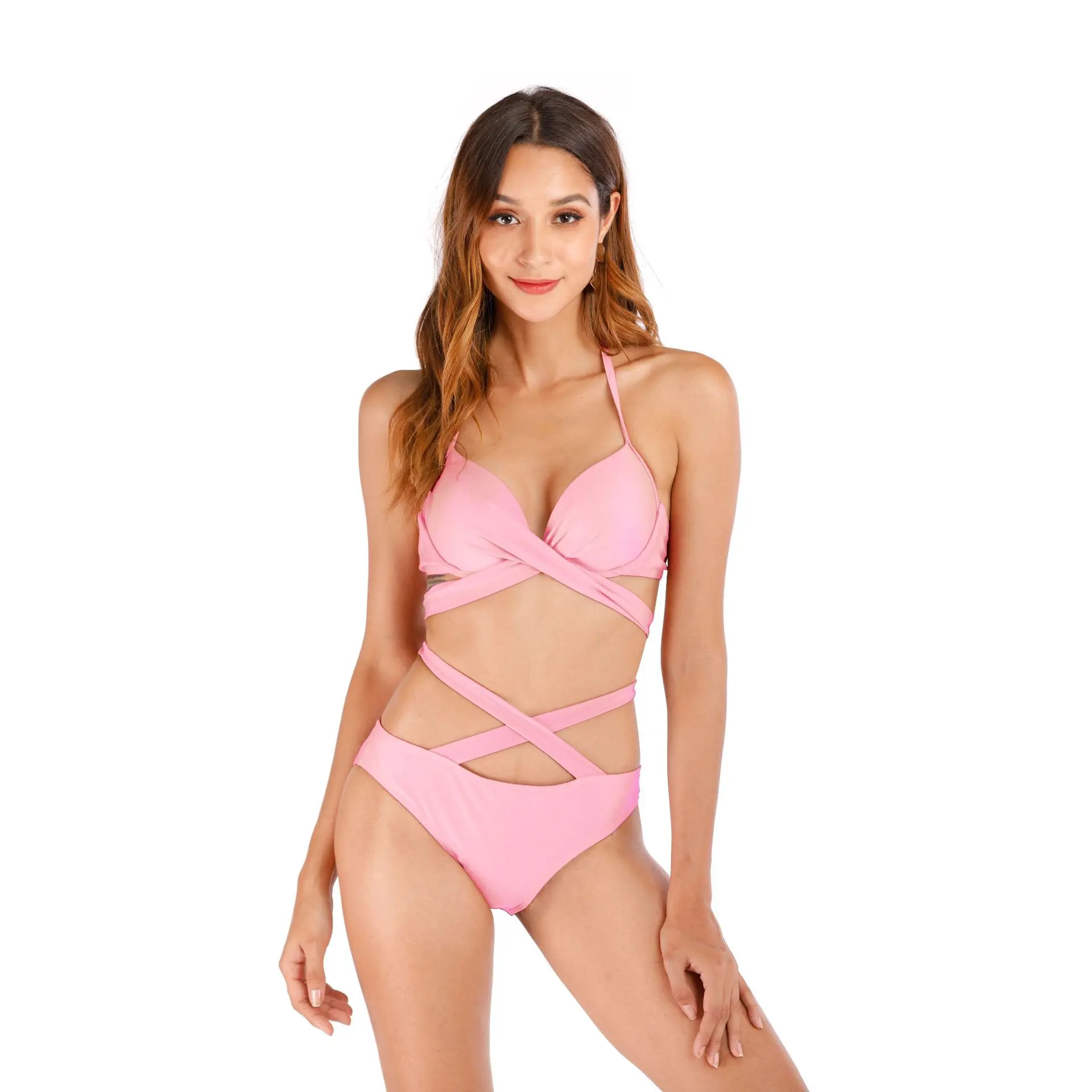 2020 m. maudymosi kostiumėlį Moterų Sexy Dirželiai Kryžiaus Didelės Krūtinės Pakulos-gabalas Bikini Maudymosi Kostiumą Plaukimo Paplūdimio Drabužiai 3