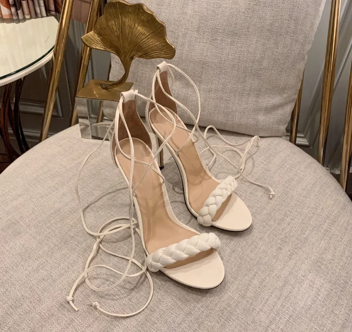 Elegantiškas stiletto medvilniniai nėriniai-up sandalai moterims vasaros 2021 nauja mada, suapvalinti tne open-toe aukštos obcasie sandalai 3