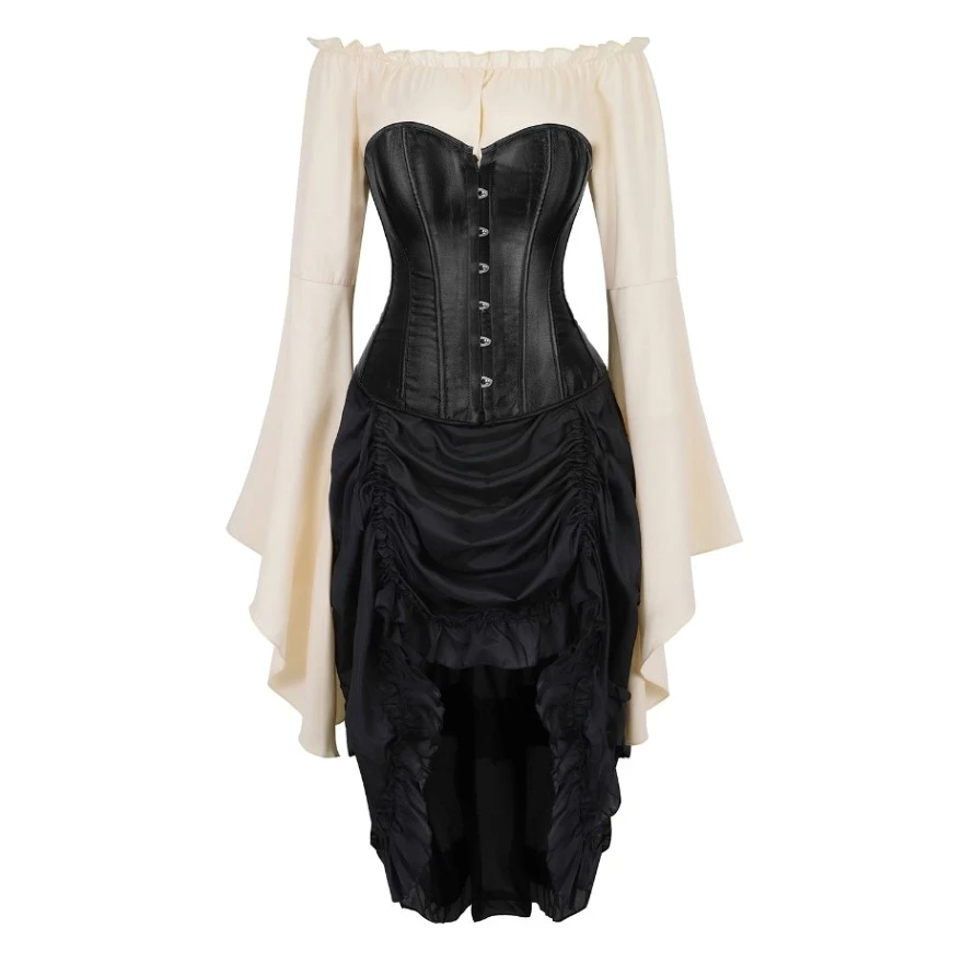 Moterų Steampunk Gotikos Korsetas Suknelė Seksualus Satino Korsetas Renesanso Palaidinė Su Netinkamomis Klostuotas Sijonas Nustatyti Tris Gabalus Plius Dydis 3