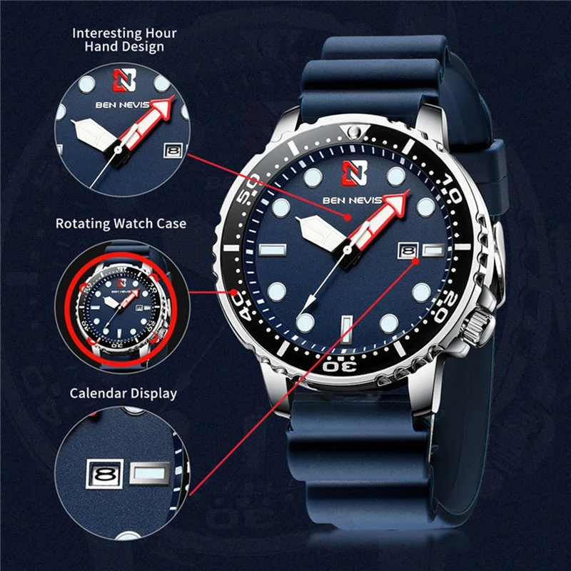 Ben Nevis vyriški Prabangūs Laikrodžiai Kvarcinis Analoginis laikrodis su Data Karinės Žiūrėti Vandeniui Silikoninė Guma Dirželis Relogio Masculino 4