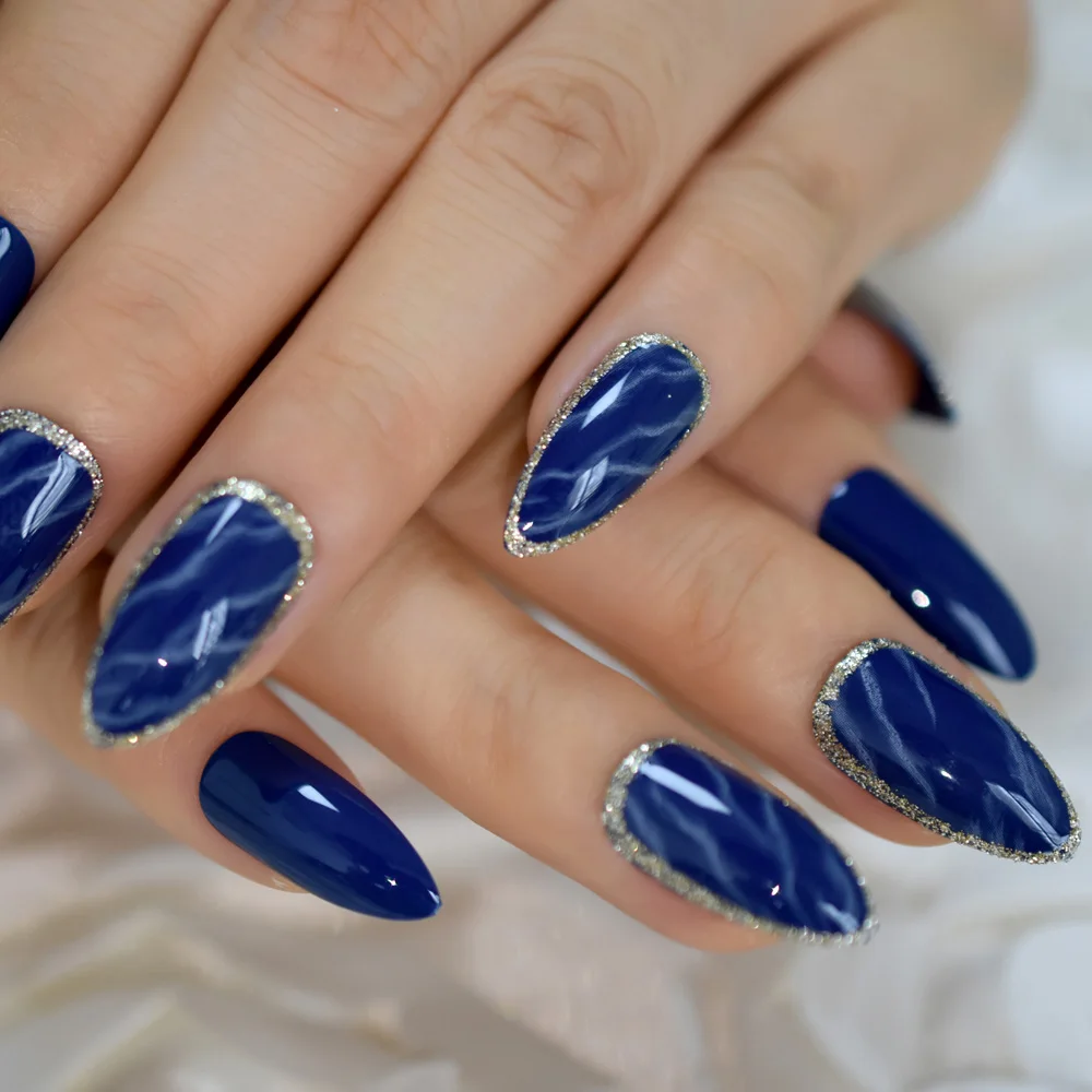 Blue Marble Nail Paspauskite Ant Padirbtų Nagų Patarimai Modelis Stiletto Formos, Vidutinio Dizaino Sidabro Boder Su Klijais, Čiaupai 24 vnt 4