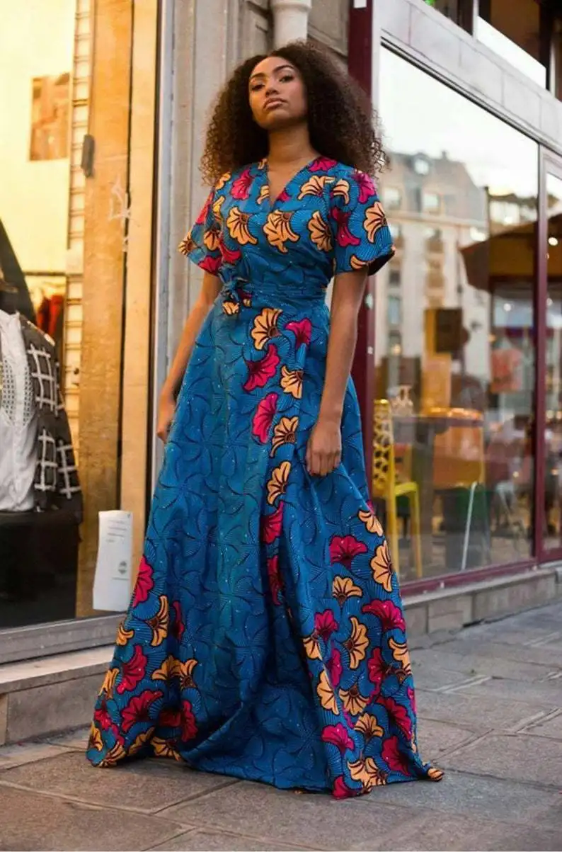 Naujas V-Kaklo Ilga Suknelė Afrikos Vyriški Trumparankoviai + Diržas Mados Skaitmeninis Spausdinimas Gatvės Stiliaus Didelis Sūpynės Ilga Suknelė 