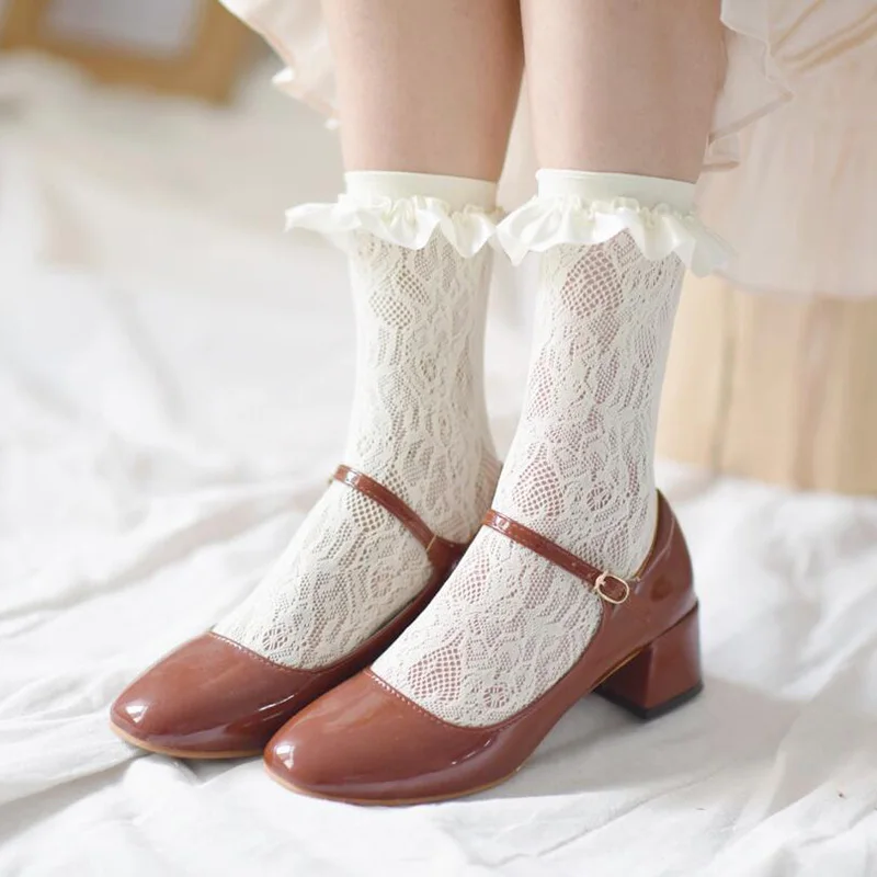 Mielas Balta Nėrinių Kojinės Moterims, Skaidrus Lolita Ilgai Kojinės Mergaitėms Didelio Kelio Kojinės Kojų Moterų Elastinga Streetwear calcetines 4
