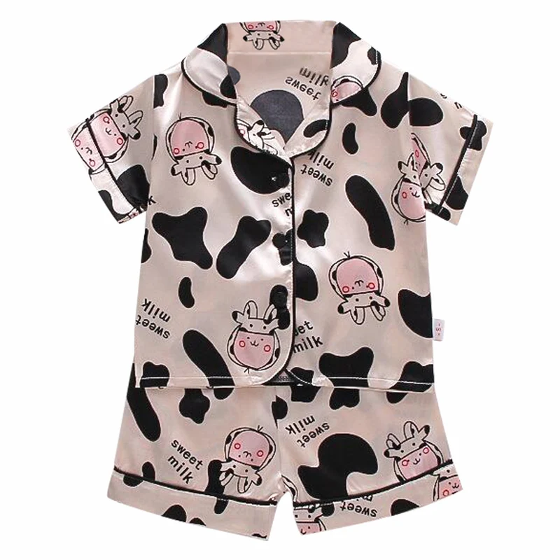 0-4yrs Children's pajamas set for Summer Baby suit Toddler Boys Girls Ice silk satin Cartoon printing Tops Pants Set home Wear 4