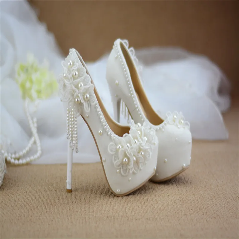 Bridesmaid, batai vestuvių suknelė balta nėrinių saldus gėlių kutas moterų moteriški batai 6cm 8cm 11cm 14cm aukšto kulno Didelis dydis 43 4