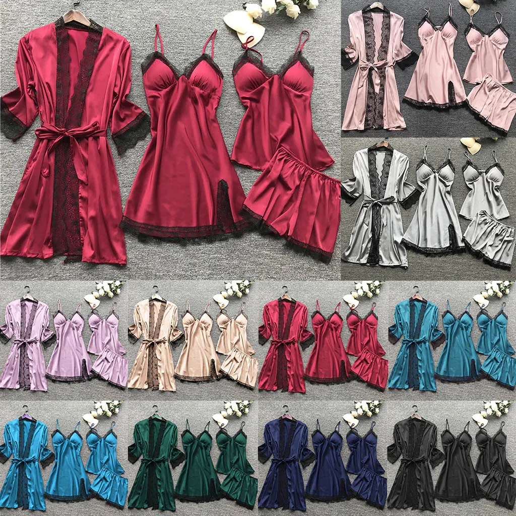 2021 Moterų Pižama Rinkiniai Satino Sleepwear Šilko 4 VNT naktiniai drabužiai Pyjama Spageti Dirželis Nėrinių Miego Lounge 