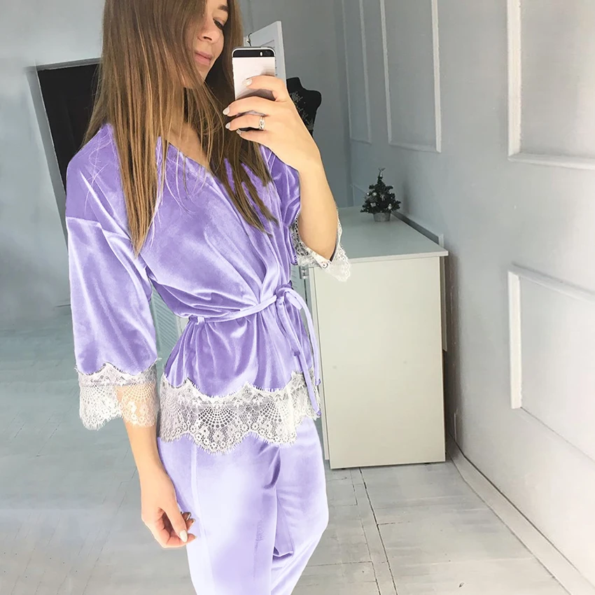 Hiloc Violetinė Sujungimas Velevt Sleepwear Moterų Apdaras Nustatyti 2021 Mezgimo Šilta Pižama Kelnės Su Kratinys Nėrinių Seksualus Kostiumas Rinkiniai Pavasario 4