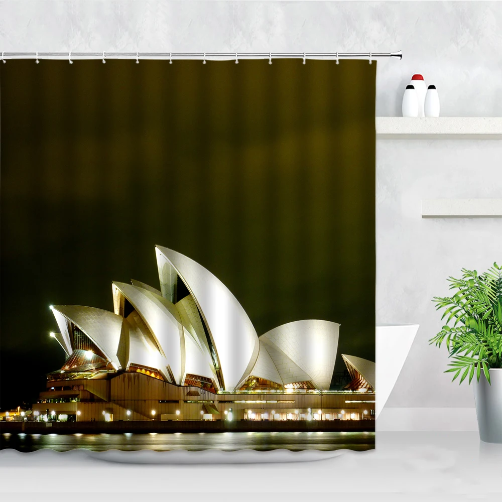 Australijos Sidnėjaus Operos Pastato Dekoracijos Dušo Užuolaidos Miesto Naktinis Vaizdas, 3D Spausdinimas Vandeniui Dekoro Vonios Užuolaidų Komplektas 4