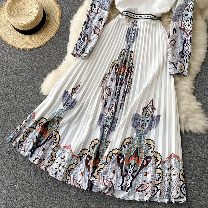 Elegantiškas Retro kilimo ir tūpimo Tako Deaigner Pavasarį, Rudenį Marškinėliai Suknelė Moterims moteriški ilgomis Rankovėmis Printted Slim Plisuotos Vidutinio ilgio Suknelės 5