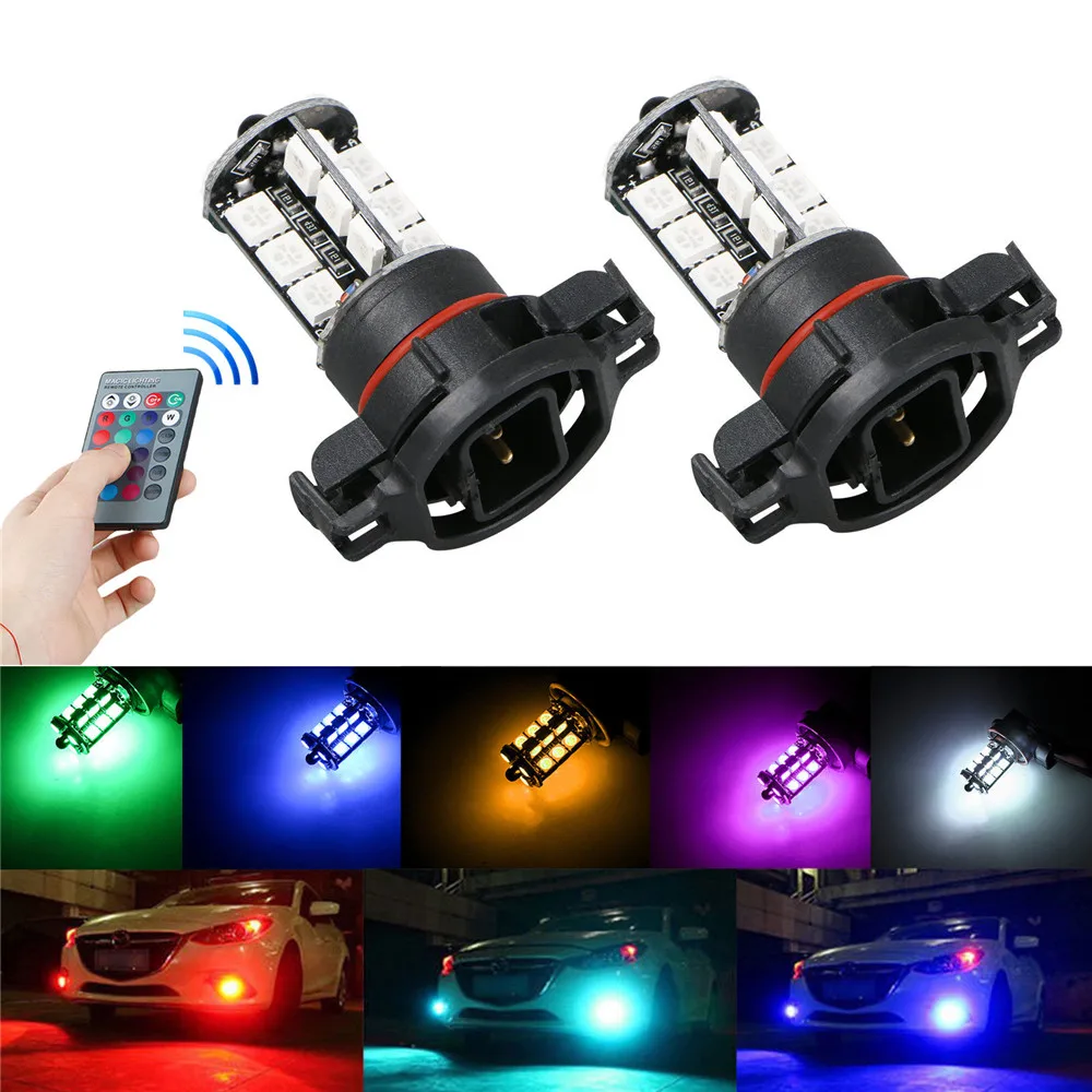 2VNT RGB 12V 27SMD 5050 Įvairių Spalvų RGB LED Rūko Žibintai Vairuotojo Lemputes Nuotolinio(neįeina Baterijos) H11/H4 H8 H16 5202 5