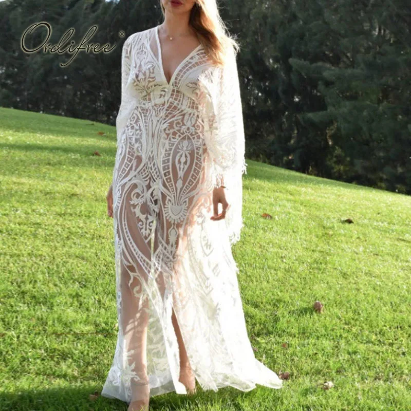 Ordifree 2021 M. Vasarą Moterys Long Beach Suknelė Baltos Spalvos Nėrinių Seksualus Permatomas Pašaukimas Maxi Suknelė Tunika 5