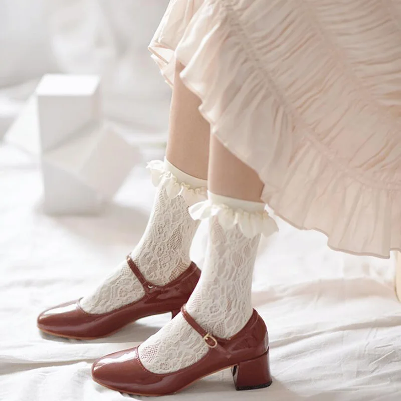 Mielas Balta Nėrinių Kojinės Moterims, Skaidrus Lolita Ilgai Kojinės Mergaitėms Didelio Kelio Kojinės Kojų Moterų Elastinga Streetwear calcetines 5