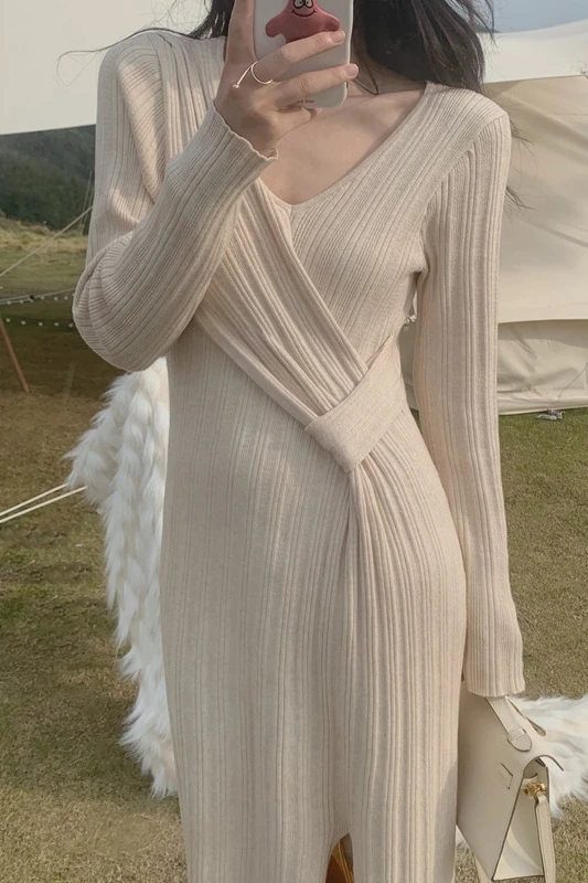 Vientisos Spalvos Naujas 2021 Elegantiškas ilgomis rankovėmis nesimetriškas ilga suknelė aukštosios mados-line moteriška suknelė Q428 5