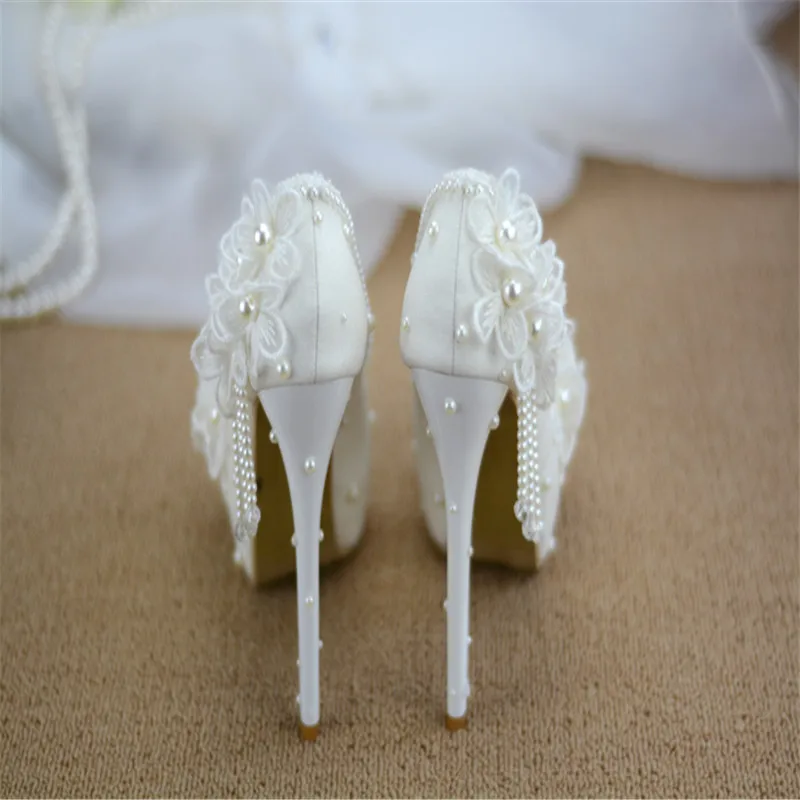 Bridesmaid, batai vestuvių suknelė balta nėrinių saldus gėlių kutas moterų moteriški batai 6cm 8cm 11cm 14cm aukšto kulno Didelis dydis 43 5