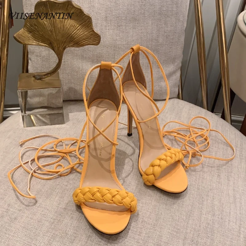 Elegantiškas stiletto medvilniniai nėriniai-up sandalai moterims vasaros 2021 nauja mada, suapvalinti tne open-toe aukštos obcasie sandalai 5