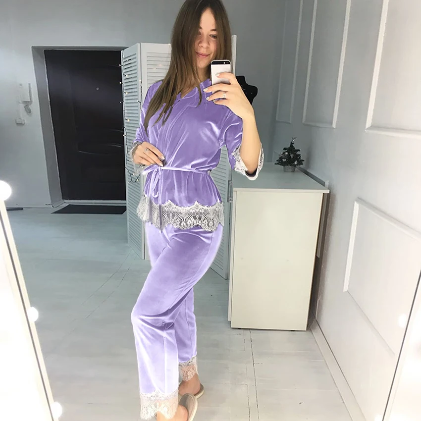 Hiloc Violetinė Sujungimas Velevt Sleepwear Moterų Apdaras Nustatyti 2021 Mezgimo Šilta Pižama Kelnės Su Kratinys Nėrinių Seksualus Kostiumas Rinkiniai Pavasario 5