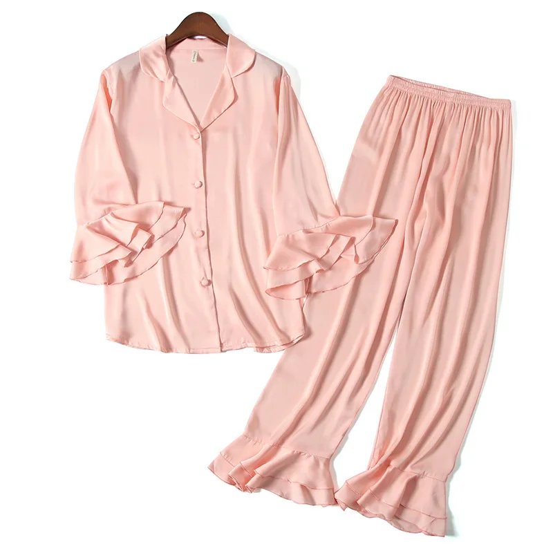 2021 Nauja Pižama Rinkiniai Saldus Moterų Šilkiniai Satino Sleepwear Pagoda Rankovės Prabanga Cardigan Sleepwear ilgomis rankovėmis Kelnės naktiniai drabužiai 5