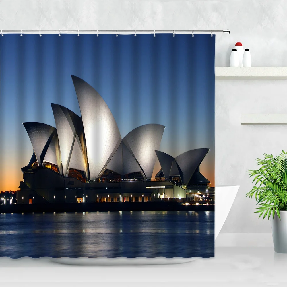 Australijos Sidnėjaus Operos Pastato Dekoracijos Dušo Užuolaidos Miesto Naktinis Vaizdas, 3D Spausdinimas Vandeniui Dekoro Vonios Užuolaidų Komplektas 5